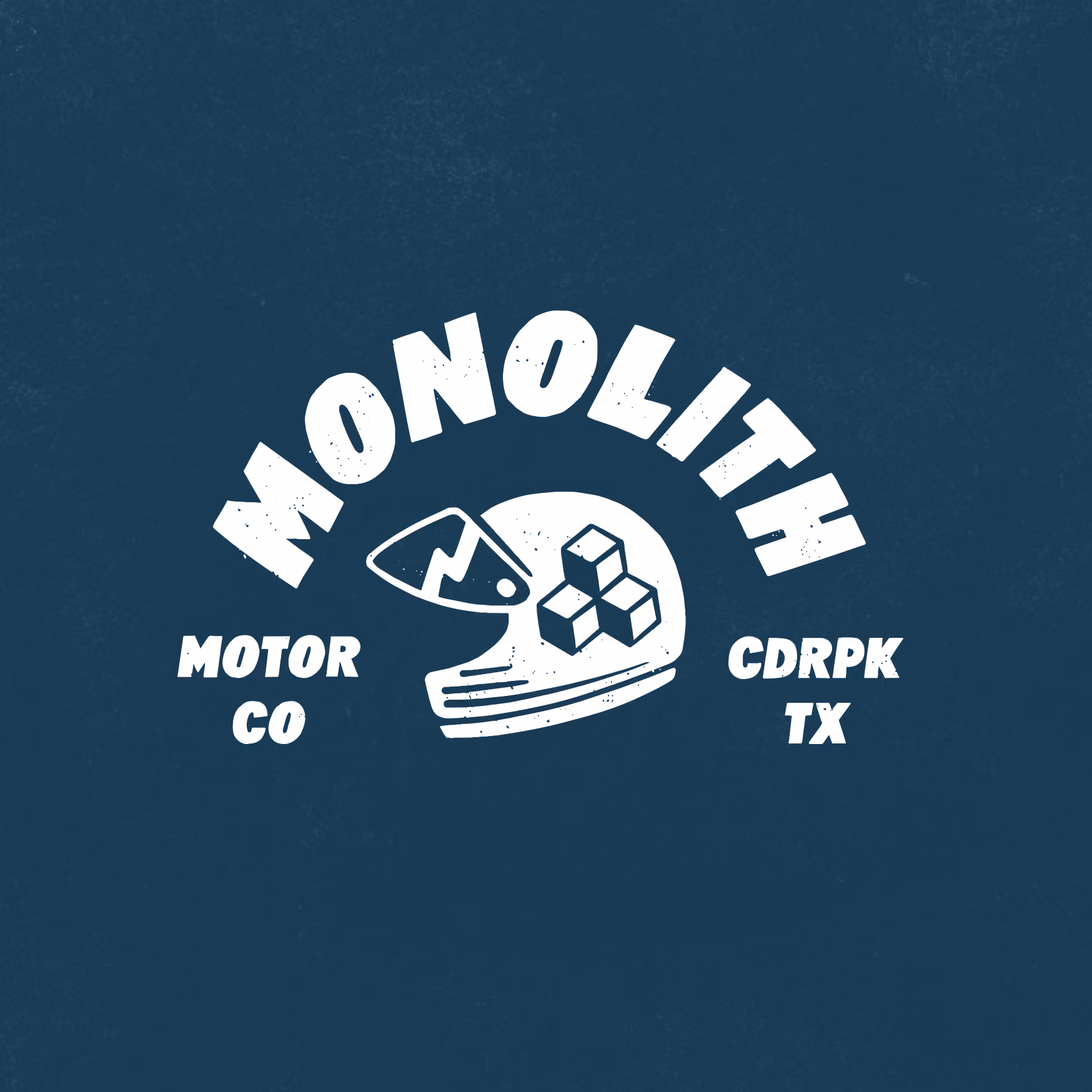 White motorcycle helmet with block design under the word Monolith on blue background with Motor Co and CDRPK TX.
