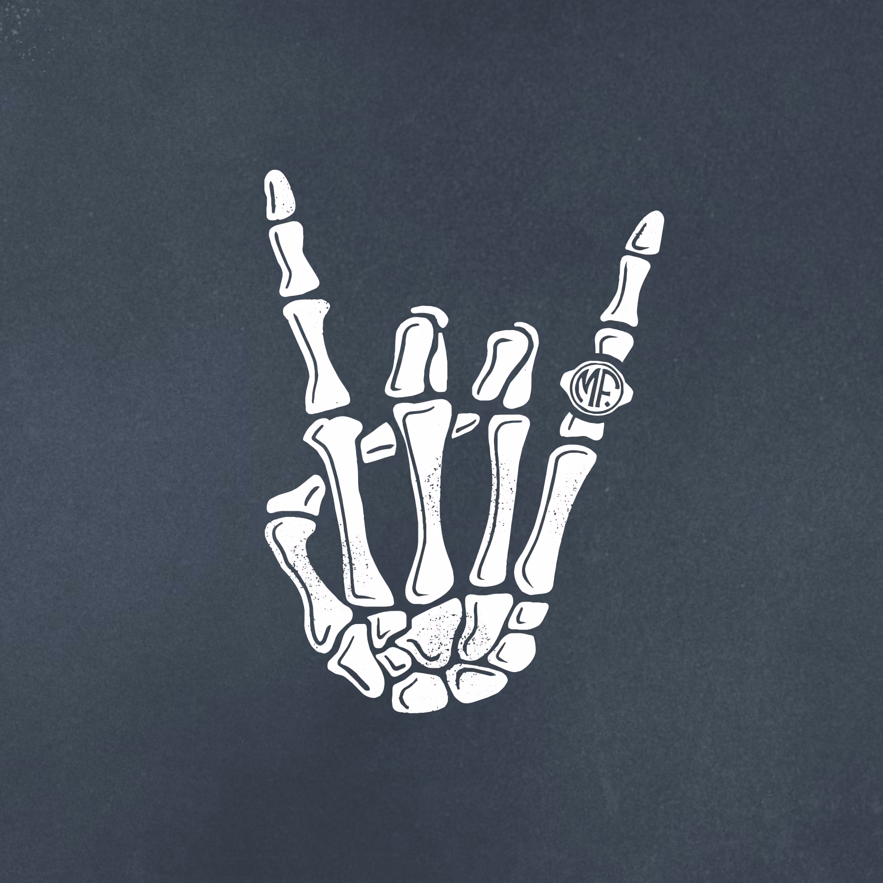 White skeleton hand bones showing rock and roll hand sign with a ring on the pinky finger.