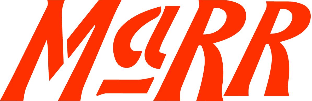 The word 'MARR' in bold, stylized red uppercase letters with varying widths and sharp angles on a black background.