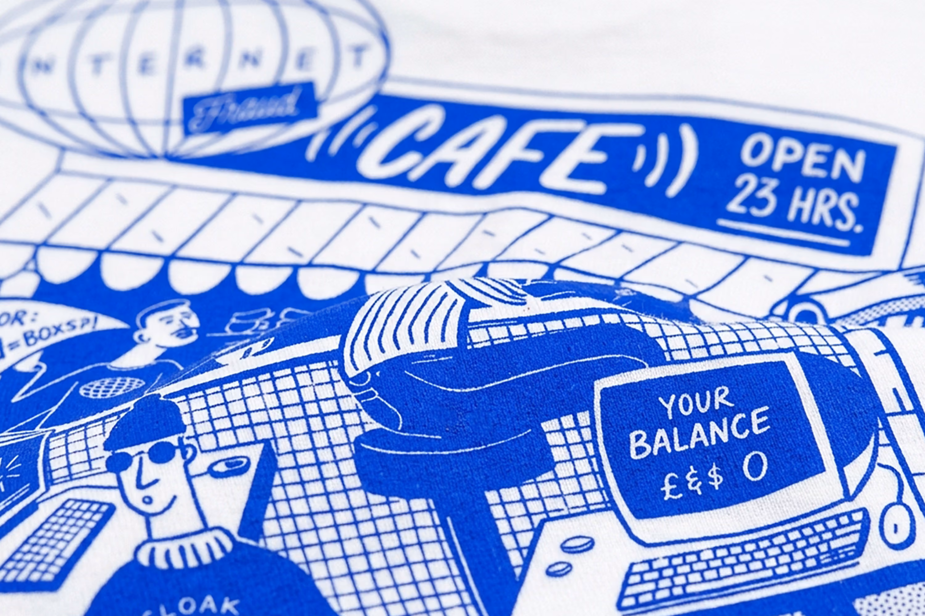 Blue and white illustration of a retro cafe scene showing a customer seated at a counter with a computer screen displaying 'YOUR BALANCE ££$ 0,' and signage above reading 'INTERNET FRIEND CAFE OPEN 23 HRS.'