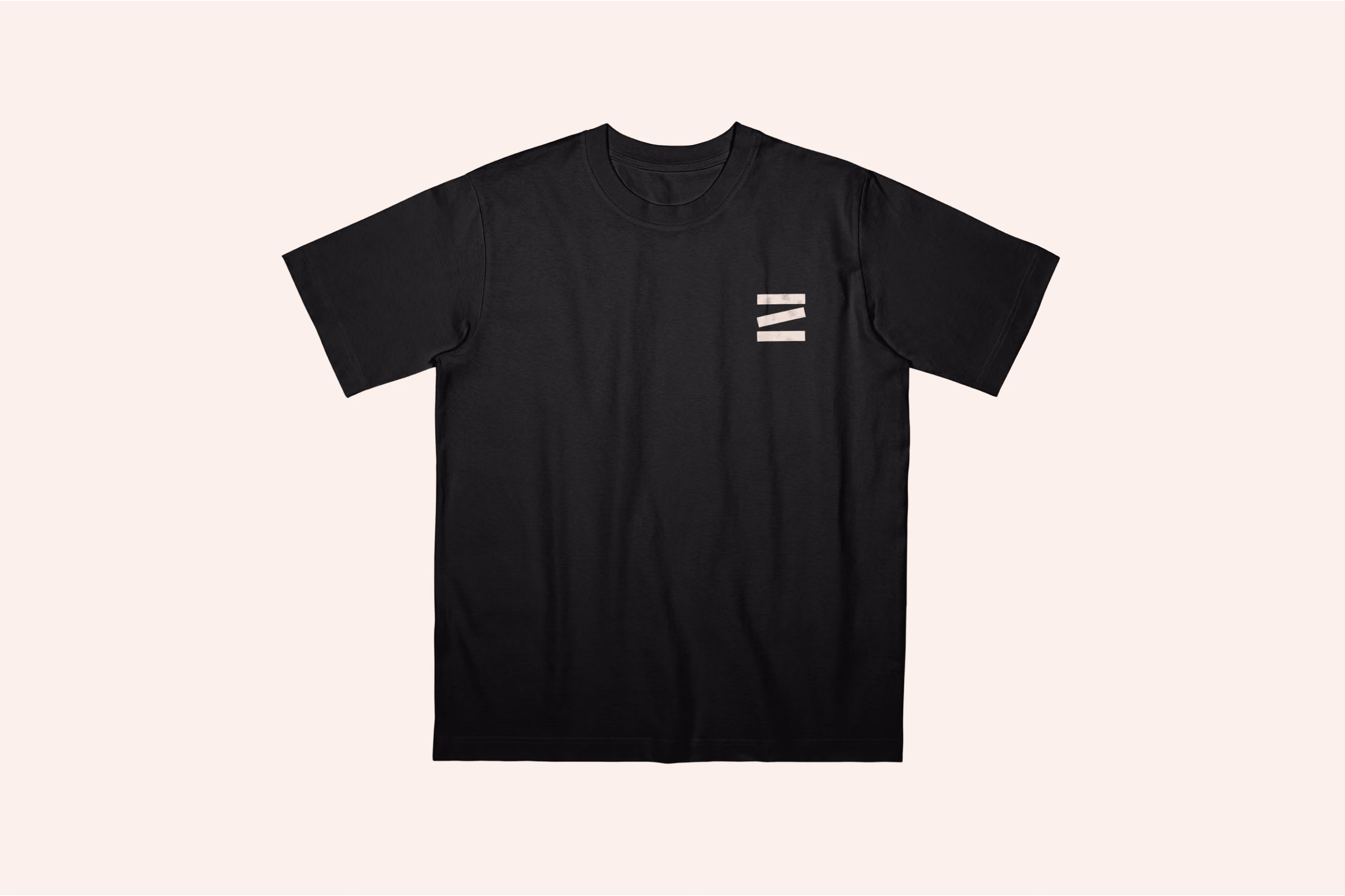 Black short-sleeve T-shirt with a small white stylized logo on the left chest consisting of two horizontal parallel bars.