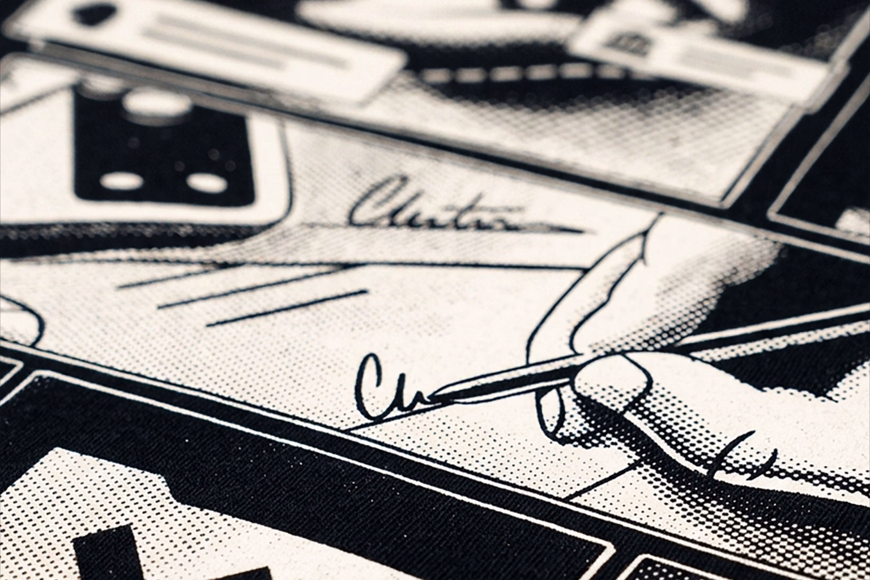 Close-up of a black and white illustration showing a hand holding a pen, signing a document.