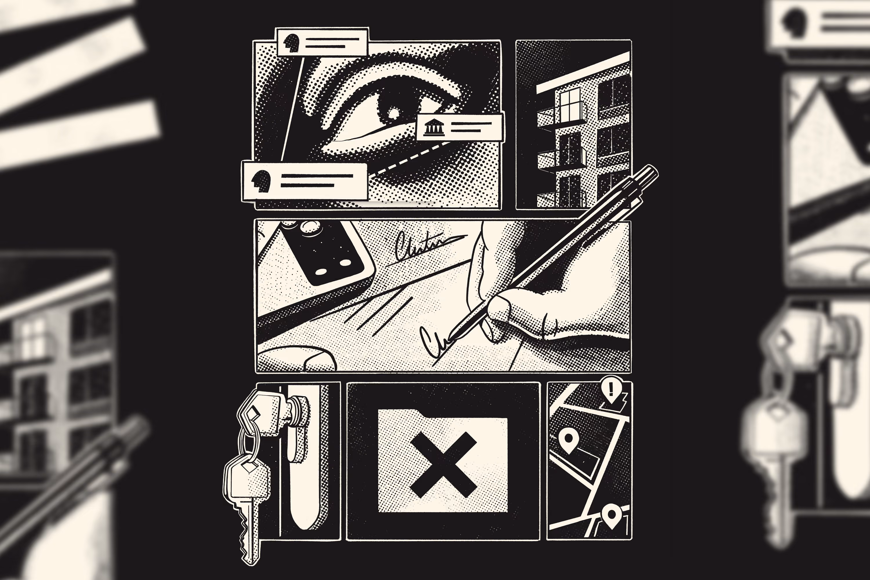 Black and white comic-style collage showing an eye with chat-like bubbles, a building, a hand signing a document, keys in a lock, an X symbol on a screen, and a map with location markers and an exclamation symbol.