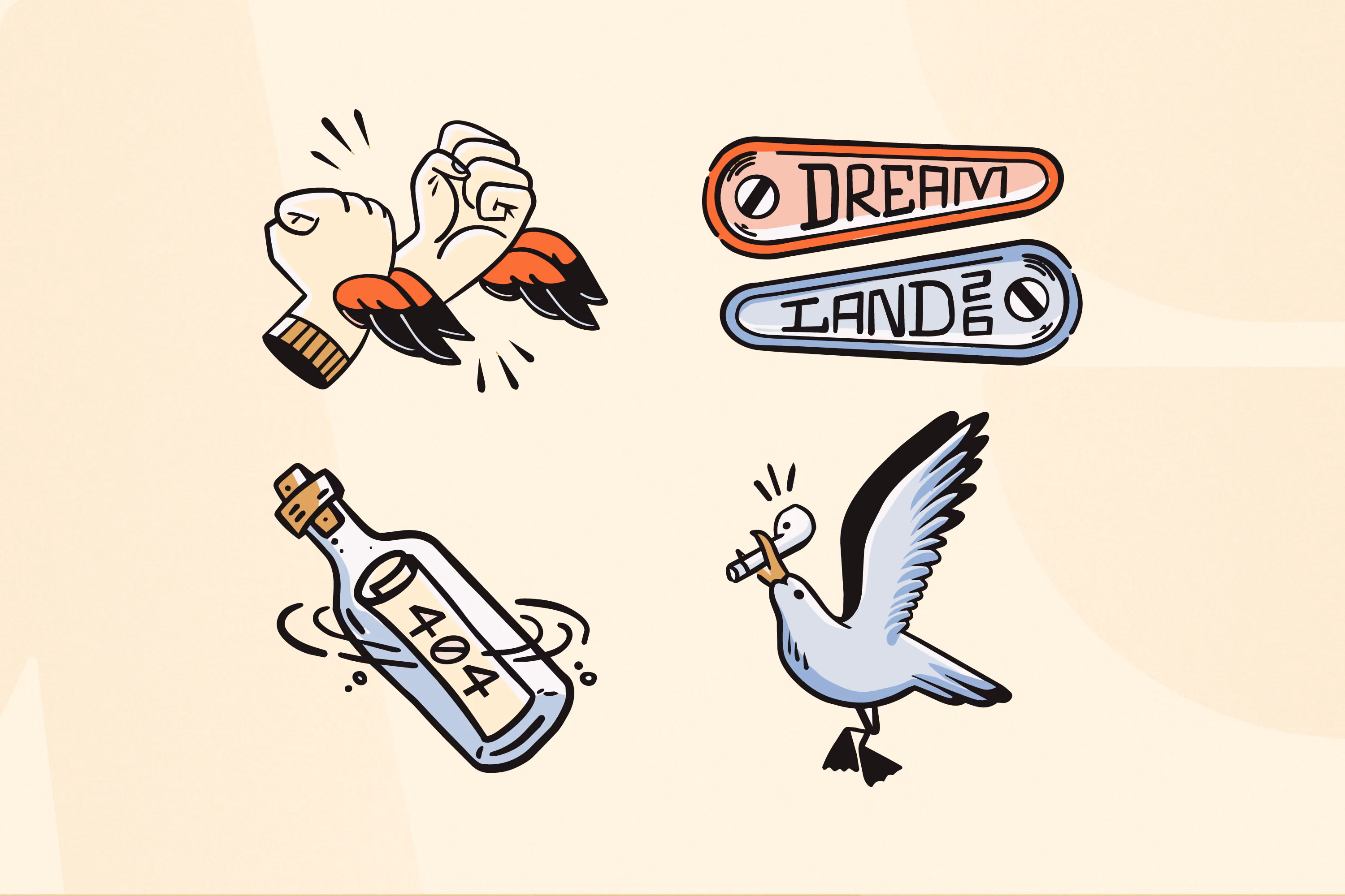 Illustrations on a beige background including two fists with small red wings, two horizontal tags with 'DREAM' and 'LAND' text, a bottle with a 404 label, and a blue bird holding a small key in its beak.