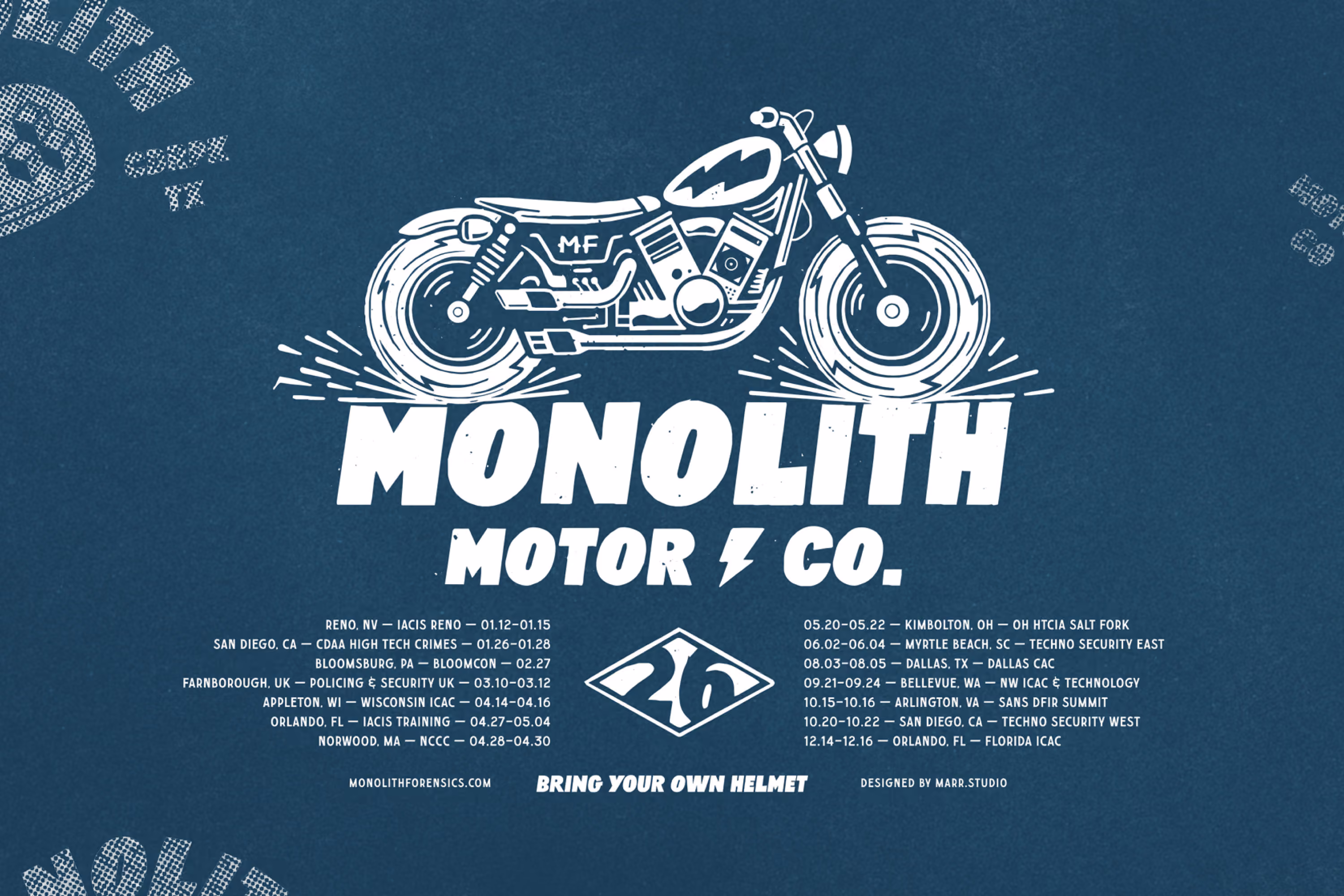 Logo of Monolith Motor Co. featuring a stylized motorcycle illustration above bold text, with a diamond-shaped emblem containing '21' below, surrounded by event dates and locations, and the tagline 'Bring Your Own Helmet' at the bottom.