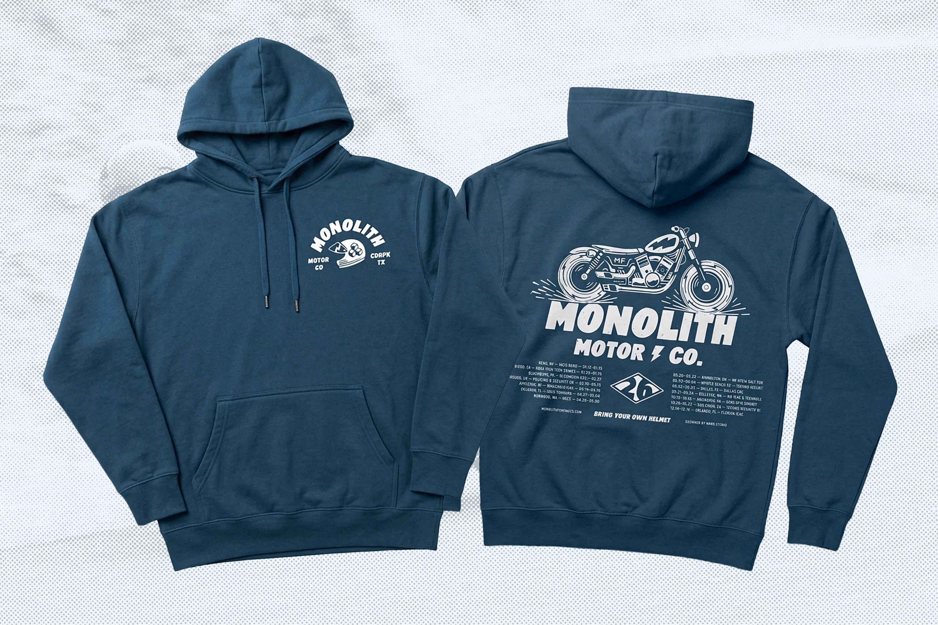 Dark blue hooded sweatshirt shown front and back; front has small white Monolith Motor Co. logo with helmet graphic on chest; back features large white illustration of a motorcycle with 'MONOLITH MOTOR CO.' text and smaller detailed text below it.