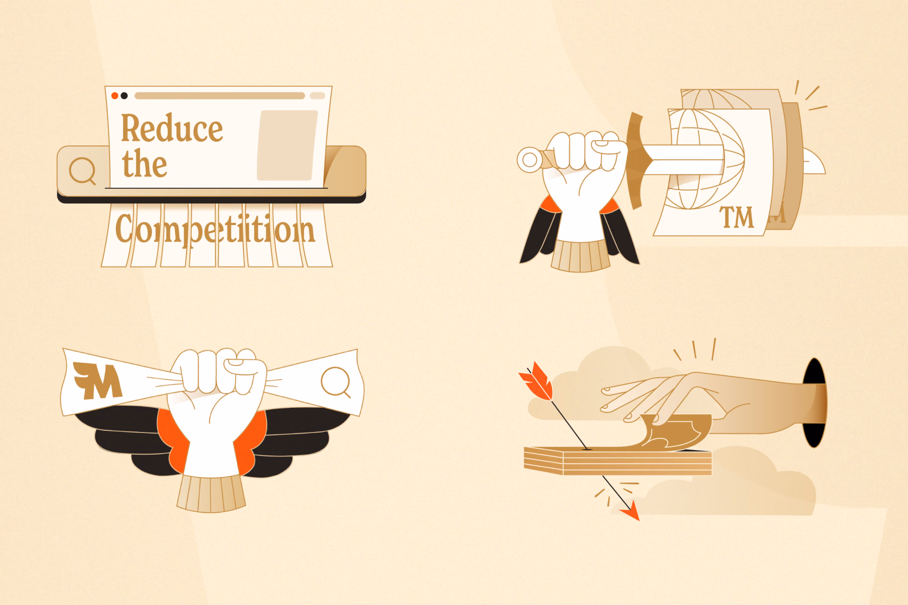 Four beige and brown illustrations symbolizing actions related to competition and trademarks: top left shows a search browser shredding the word 'Competition'; top right depicts a fist holding a sword cutting through trademark papers; bottom left features a fist crushing a paper with a 'TM' symbol and a search icon; bottom right shows a hand pulling money from a stack pierced by a red arrow.