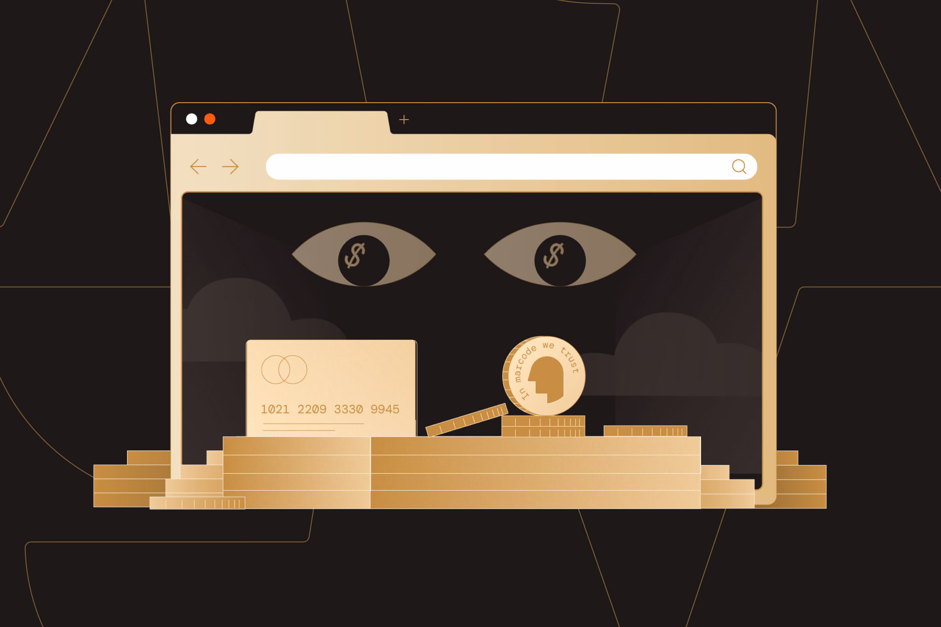 Graphic of a browser window with two eyes featuring dollar sign pupils at the top, a credit card, and stacks of coins with one coin showing a human head silhouette and text 'In marcode we trust' in the center.