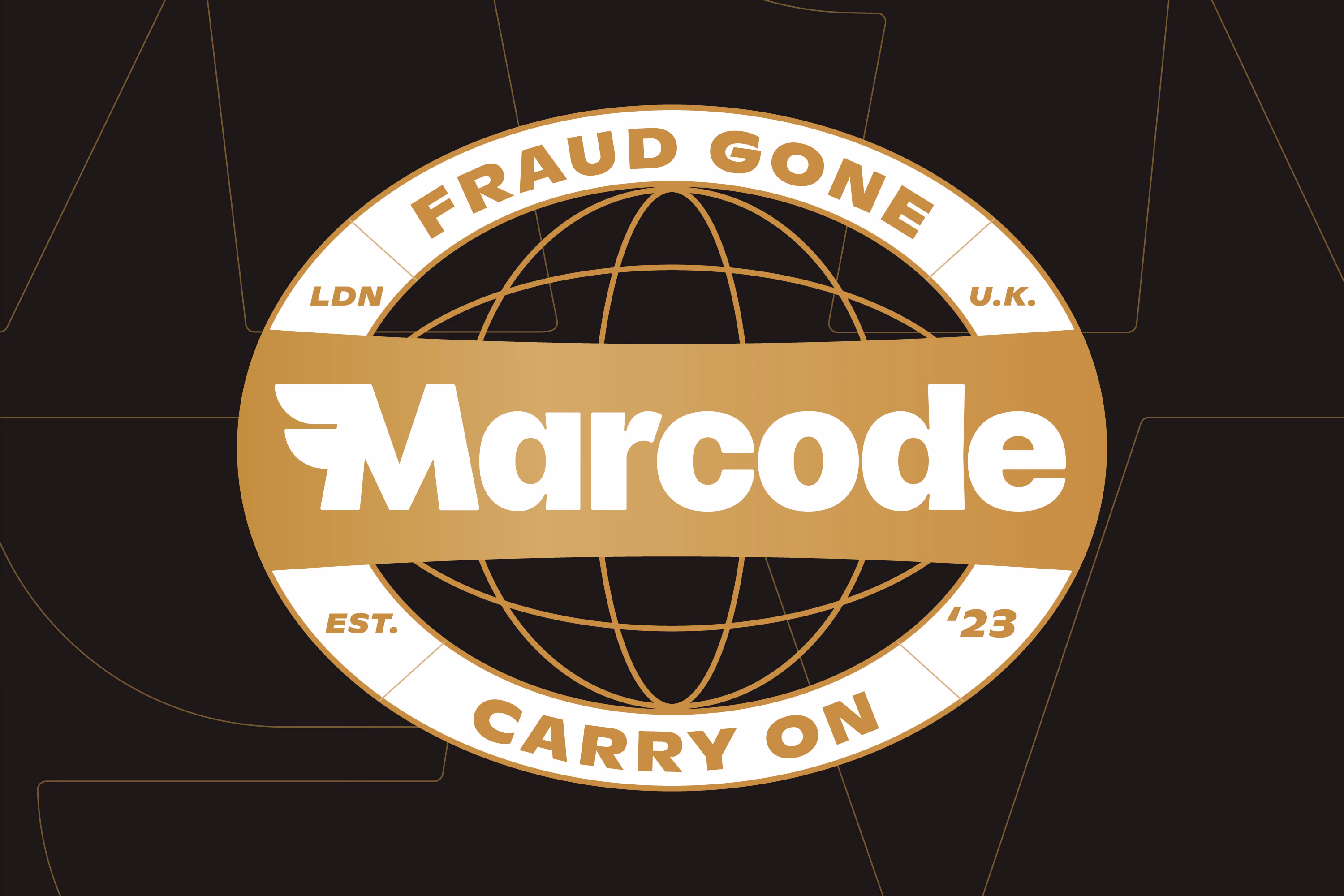 Marcode brand logo with a gold and white globe design, featuring the text 'FRAUD GONE' at the top, 'CARRY ON' at the bottom, and 'LDN U.K. EST. '23' in the corners.