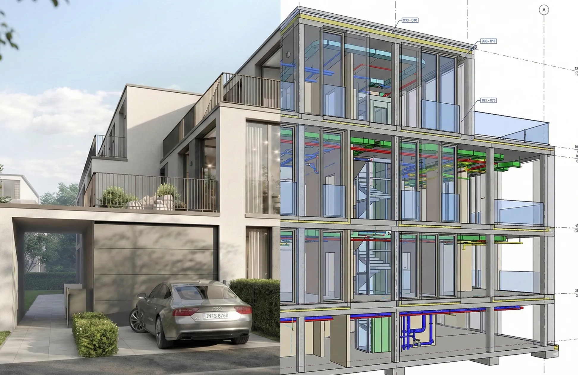 Split image showing a modern multi-story house with a car in the driveway on the left and its architectural 3D wireframe model on the right.