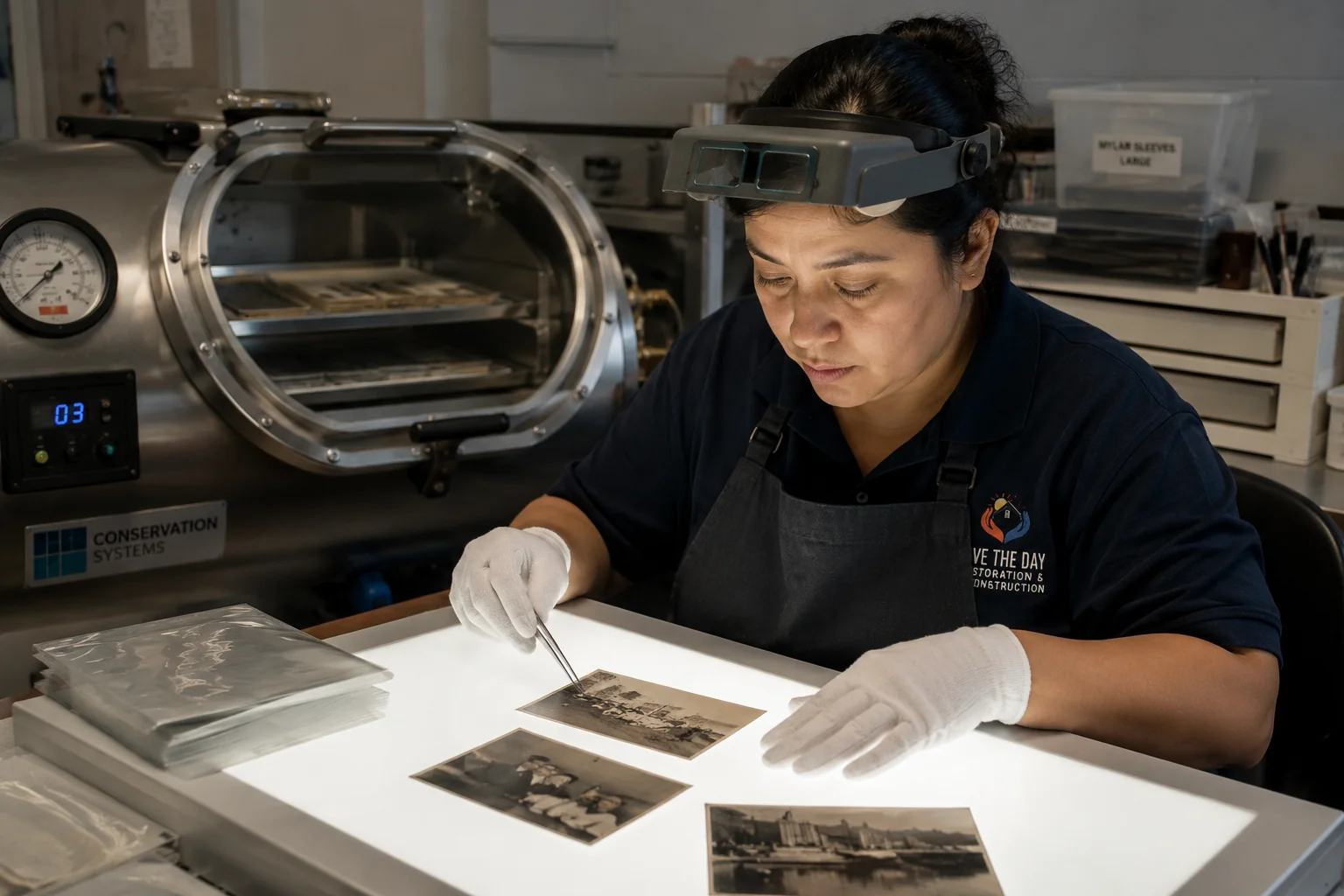 Contents specialist in archival gloves carefully restoring fire-damaged photos and documents on a workbench in Los Angeles