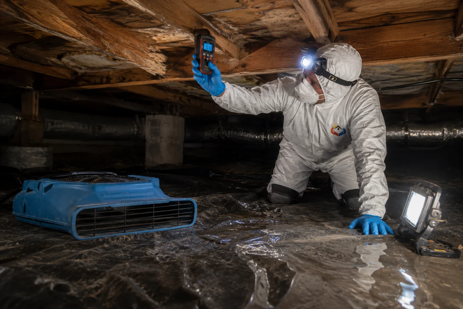 STDR technician inspecting water damage and saturated framing in a residential crawl space in Orange County