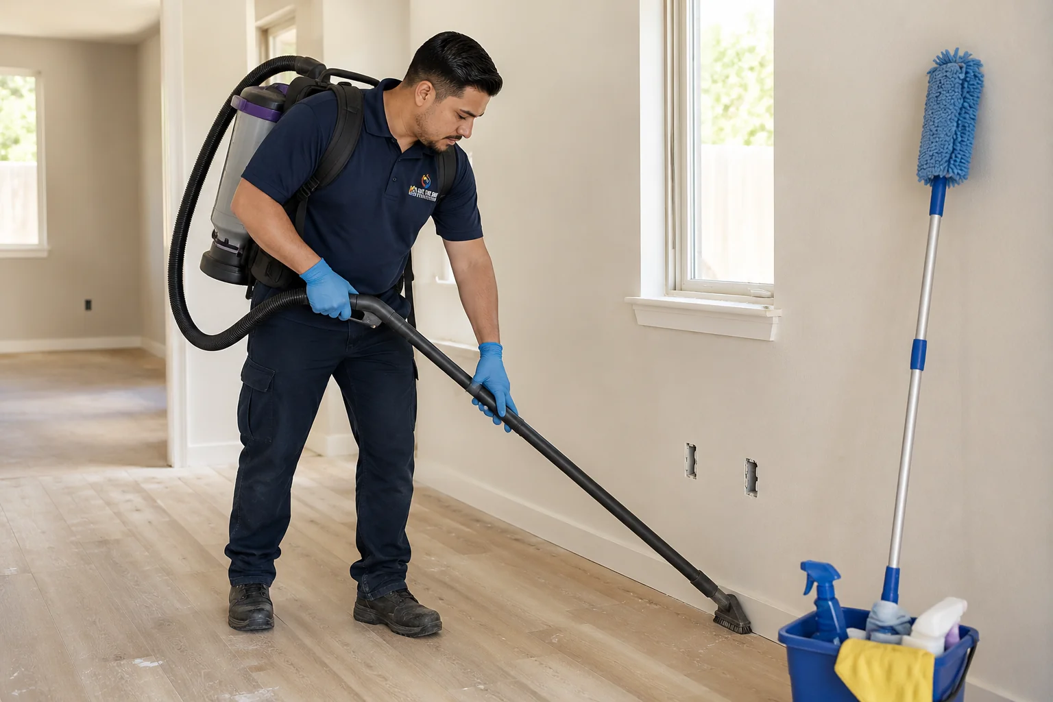 STDR technician performing post-restoration deep cleaning of LVP flooring in a Southern California home