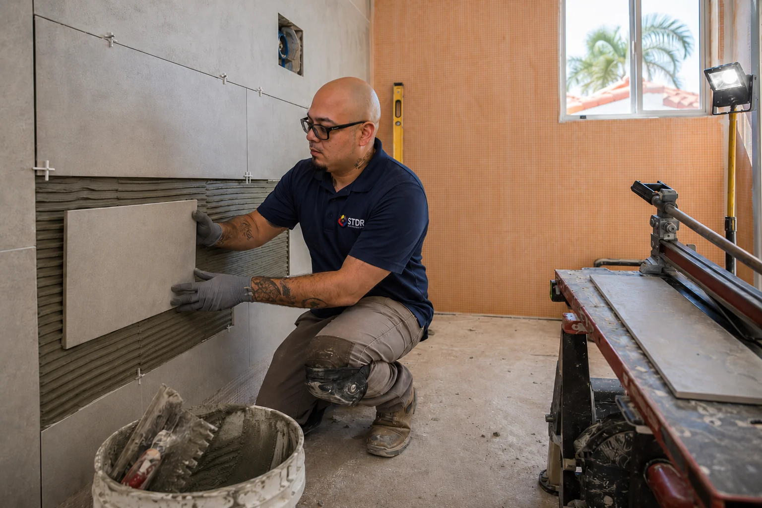 Save The Day Restoration carpenter installing tile during a bathroom remodel in a Southern California home