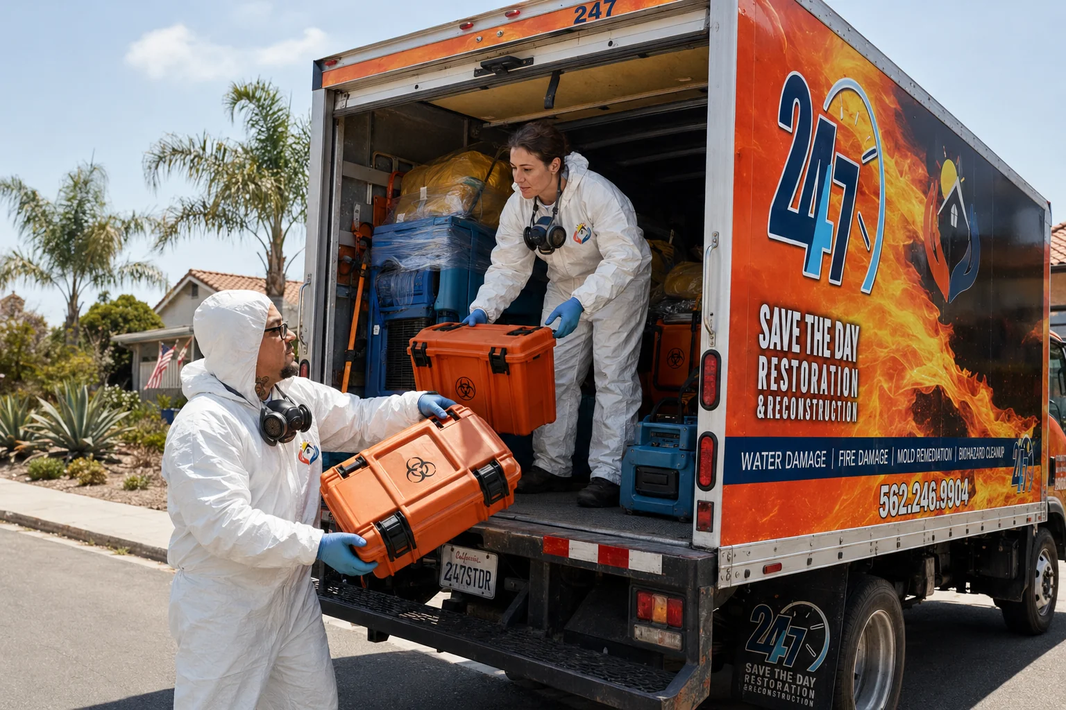 STDR technician in full hazmat PPE performing biohazard cleanup in a sealed Los Angeles County residential space
