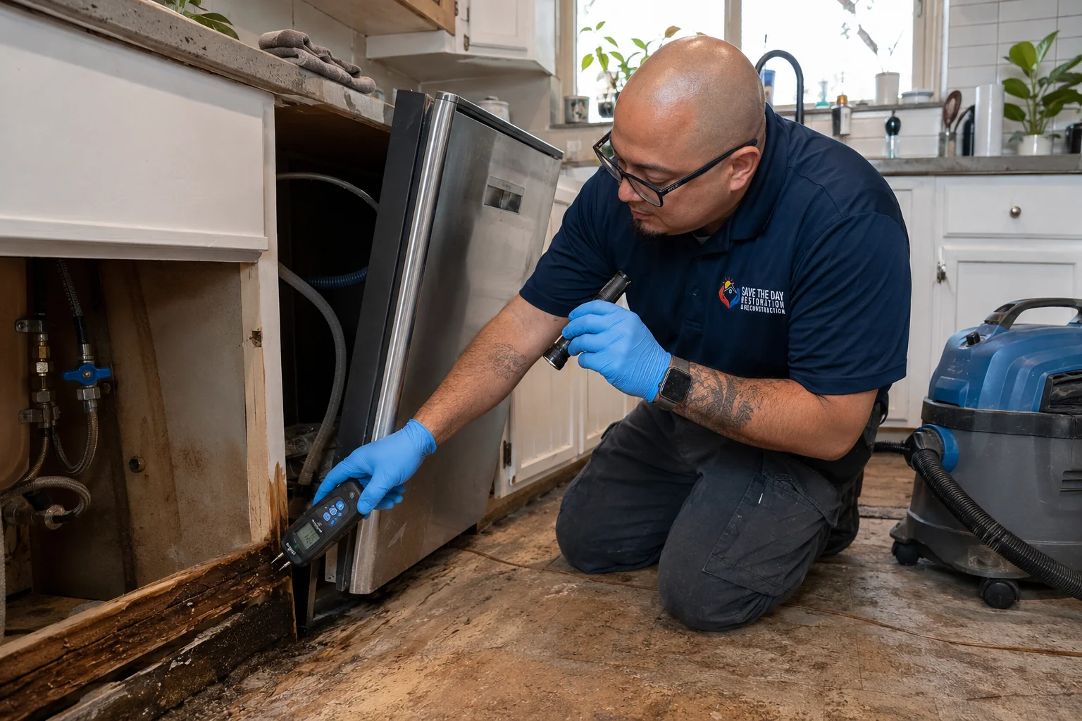 STDR technician documenting appliance leak water damage with a moisture meter in a Los Angeles kitchen