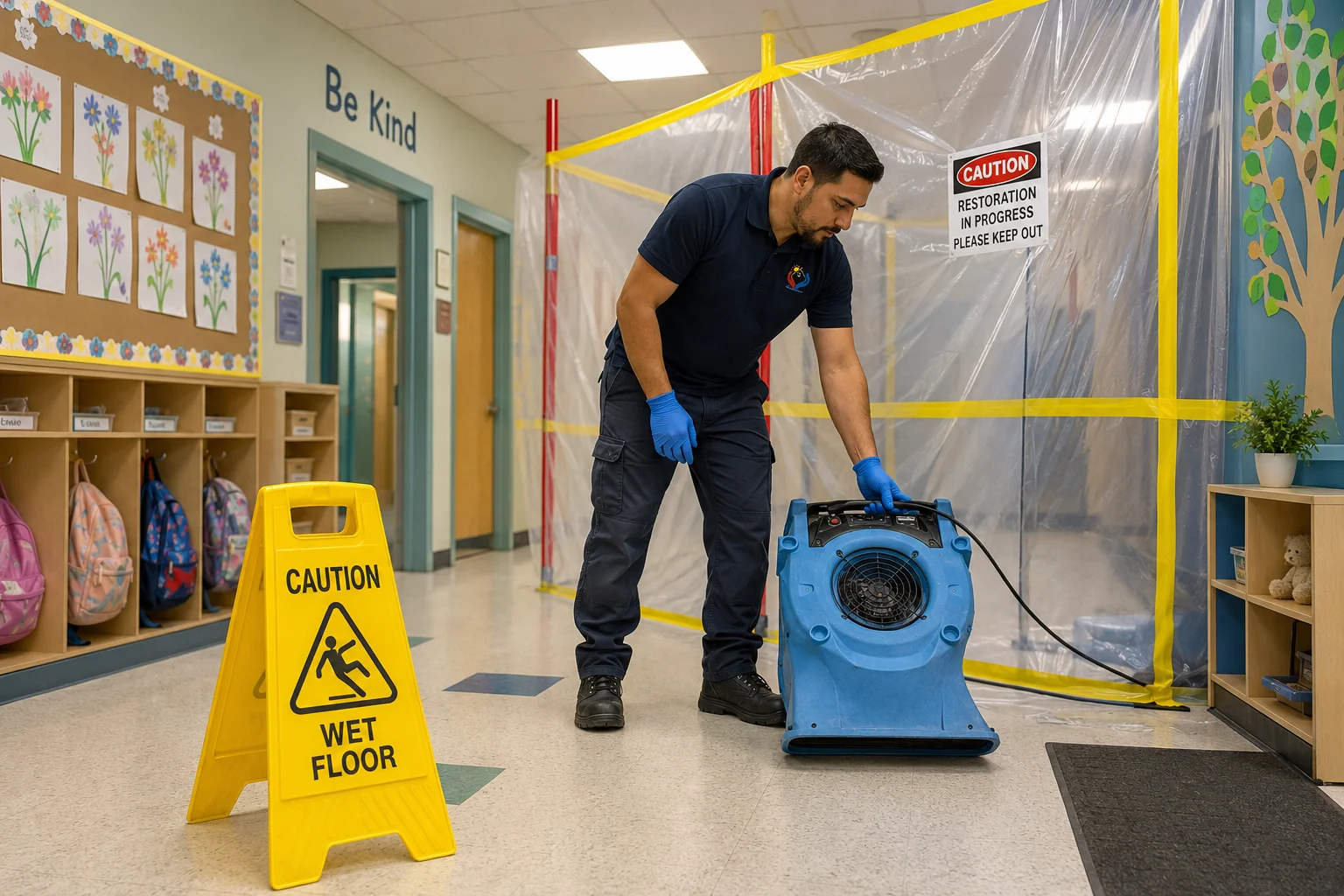 Restoration technician working safely to restore a school classroom after property damage