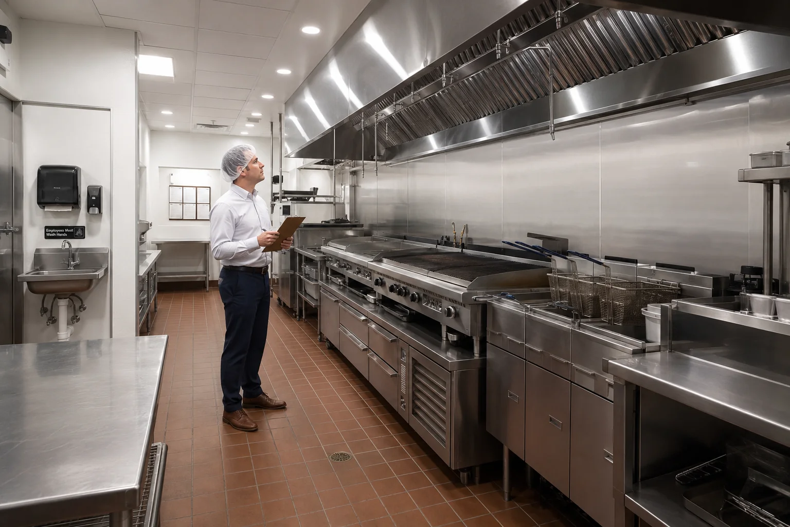 Restoration technician assessing fire and smoke damage in a commercial restaurant kitchen during recovery