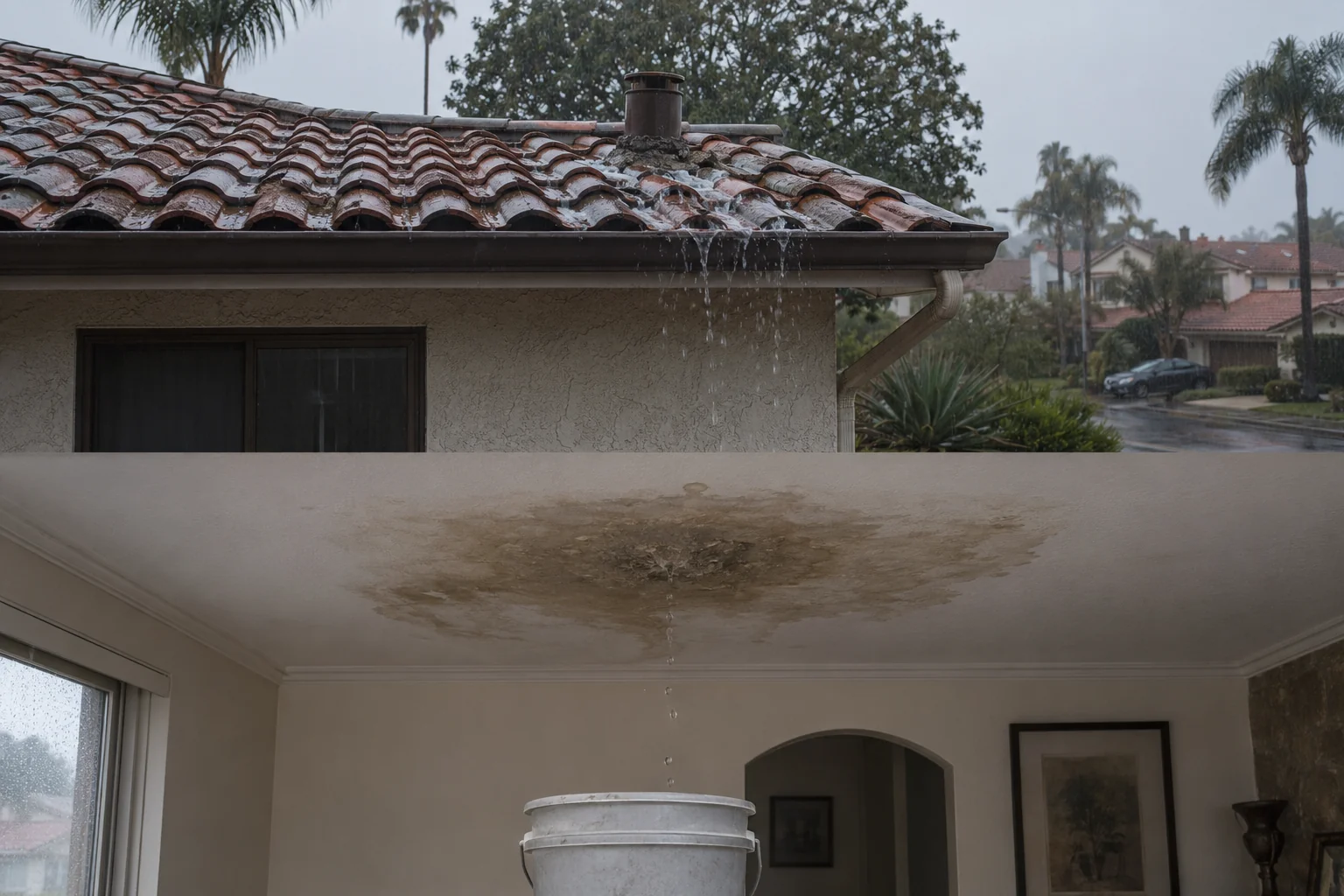 Storm-related roof leak causing water-stained ceiling damage in a Southern California home