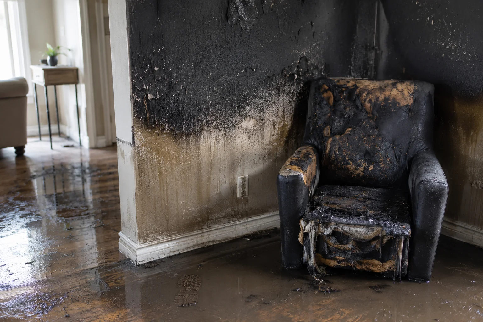 Secondary water damage from firefighting efforts inside a fire-damaged home