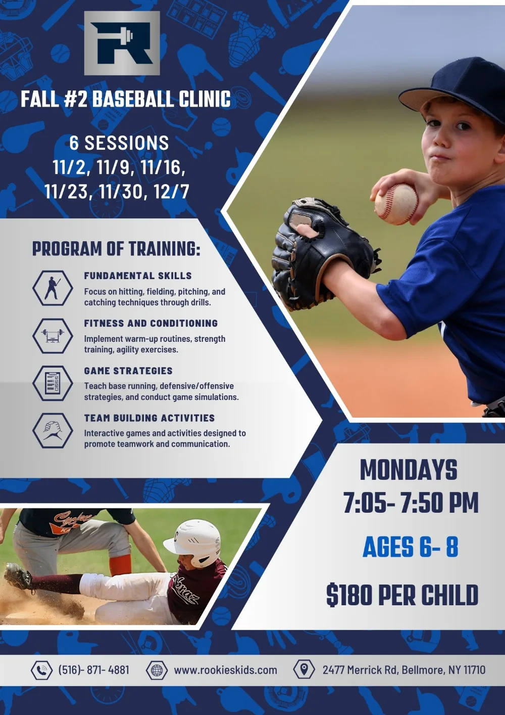 Baseball Clinic ages 6-8 flyer at Rookies Kids Fitness & Athletics Bellmore