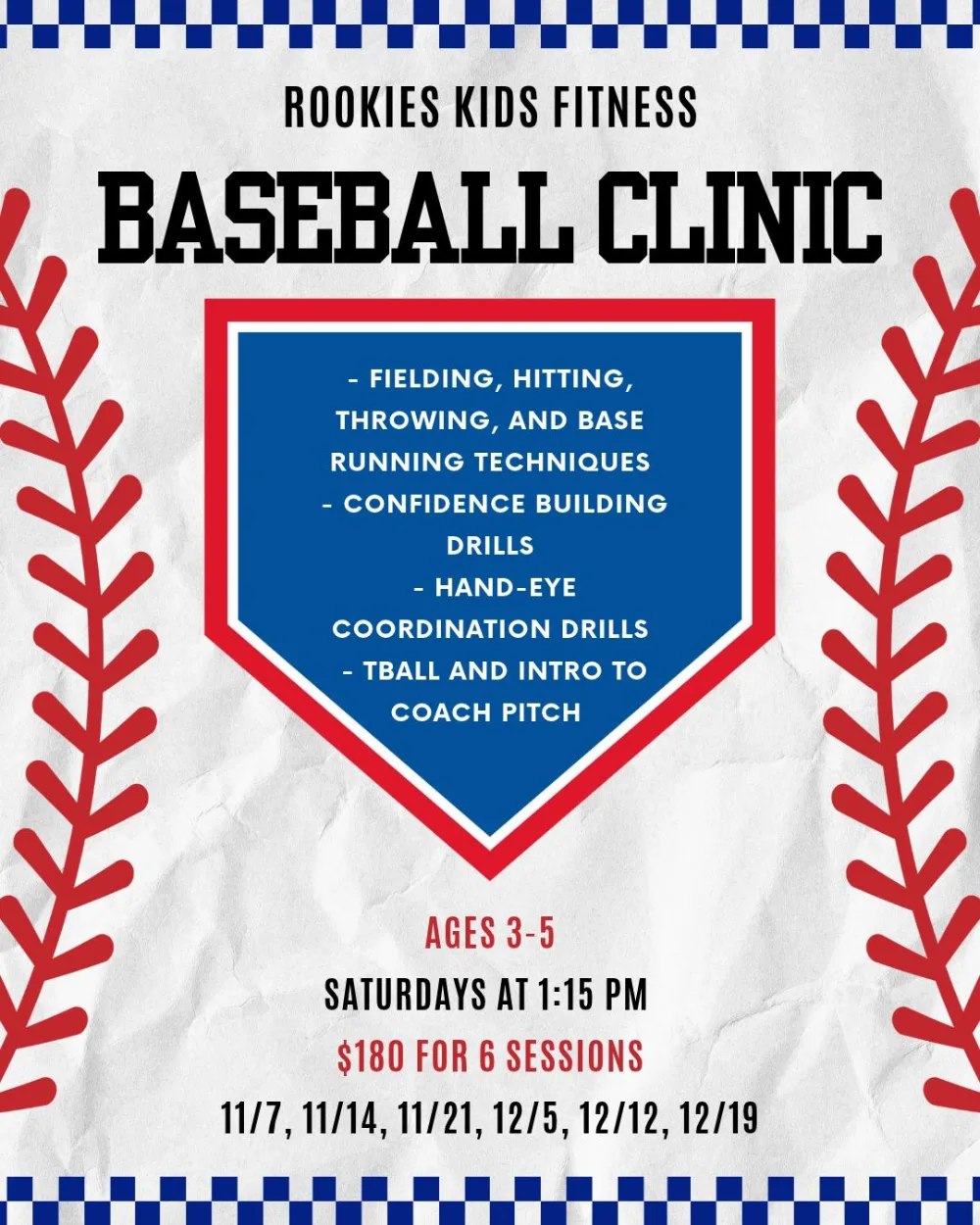 Baseball Clinic ages 3-5 flyer at Rookies Kids Fitness & Athletics Bellmore