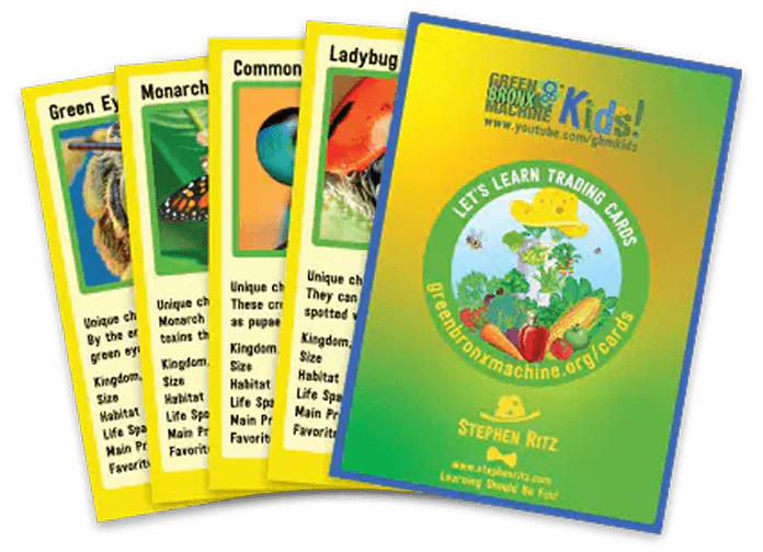 Let’s Learn trading cards fanned out, showing plants, animals, and characters