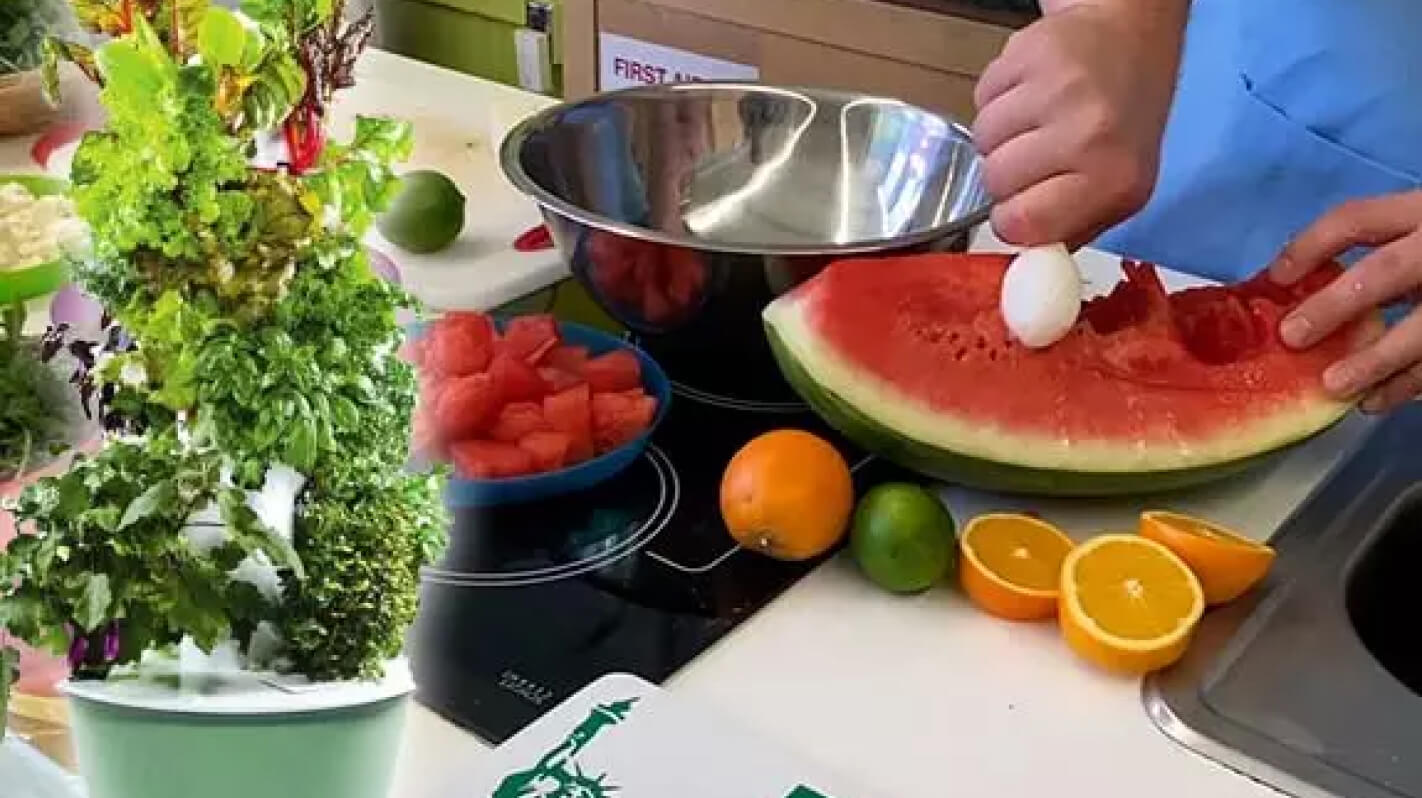 Fresh produce and a Tower Garden on a kitchen counter during a cooking demonstration