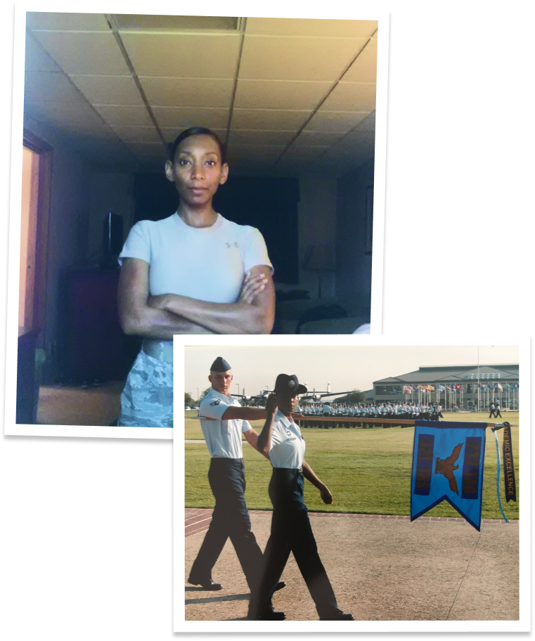 Collage of two photos: a woman in military uniform standing indoors with arms crossed, and two military personnel marching outdoors on a track with formation and flags in the background.