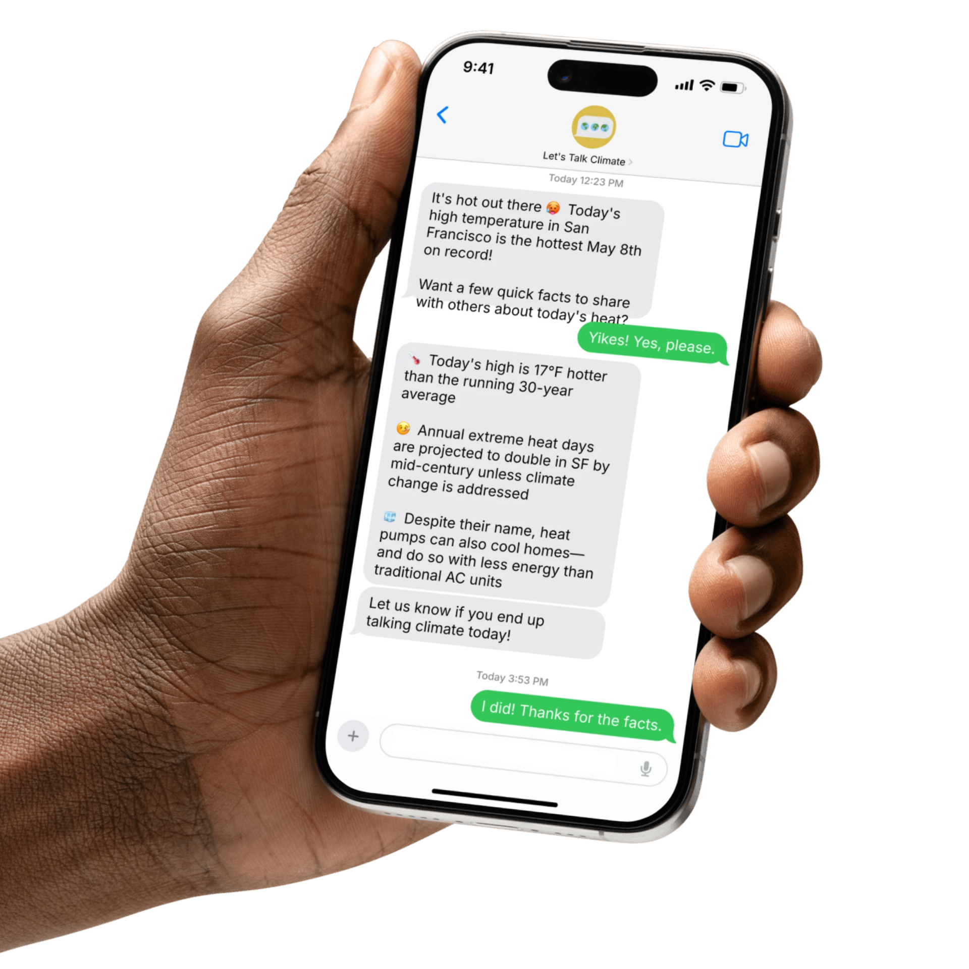 Hand holding smartphone displaying a text chat about San Francisco's record high temperature and climate facts.