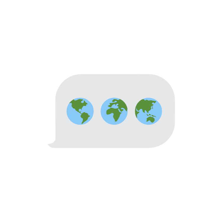 Chat bubble with three globe icons showing different world regions inside it.