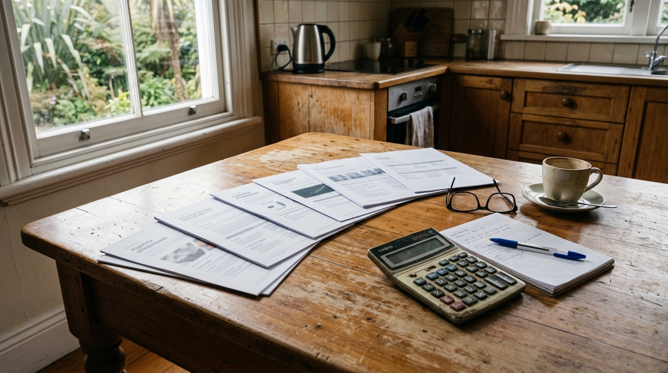 Printed marketing agency proposals and a calculator on a NZ kitchen table