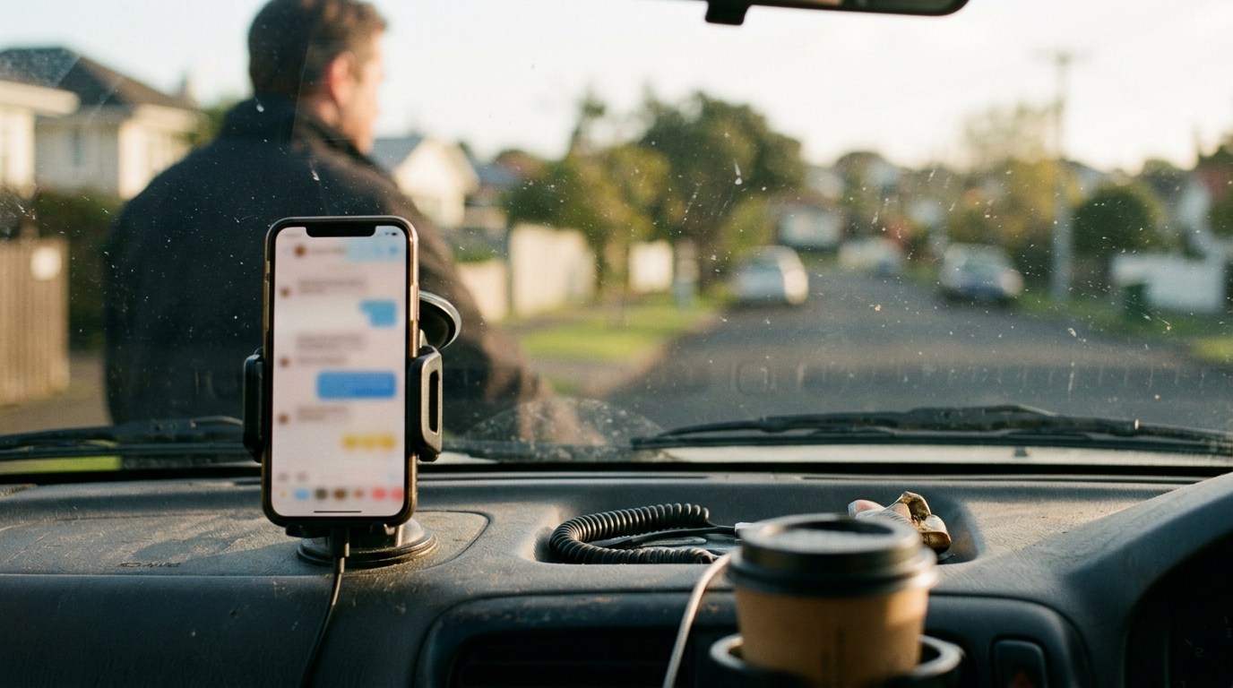 Phone mounted on a ute dashboard showing a soft AI chat glow