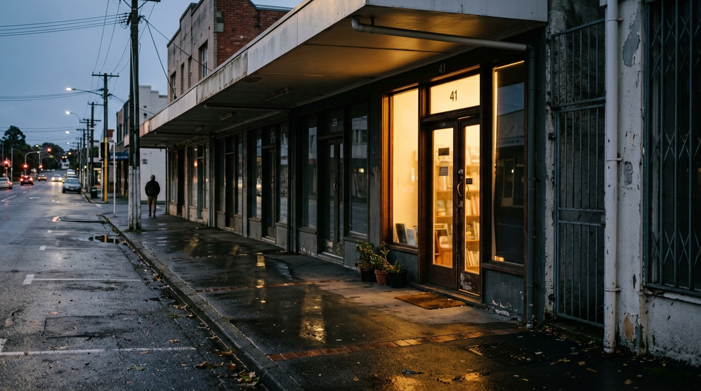 Row of shopfront doors at dusk with one doorway lit