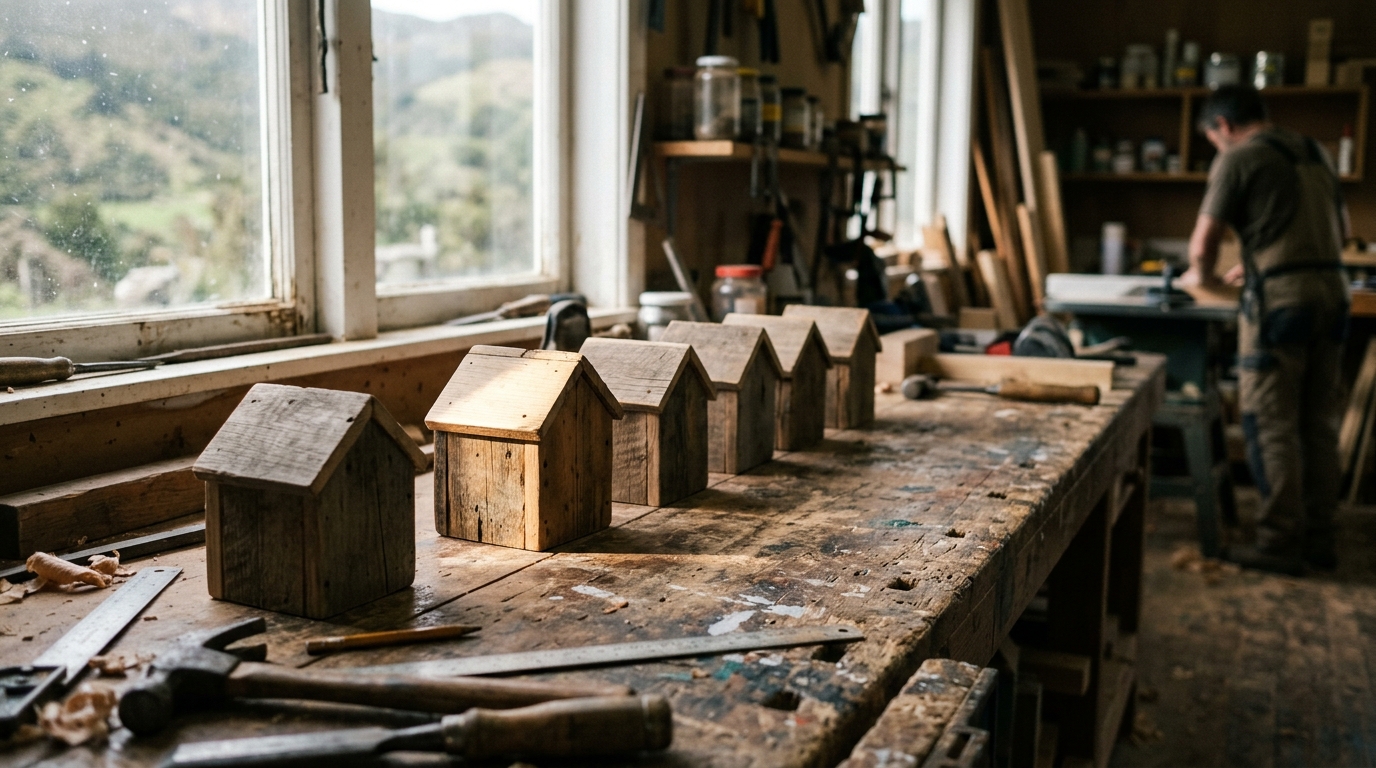 Row of wooden house blocks with one picked out by window light