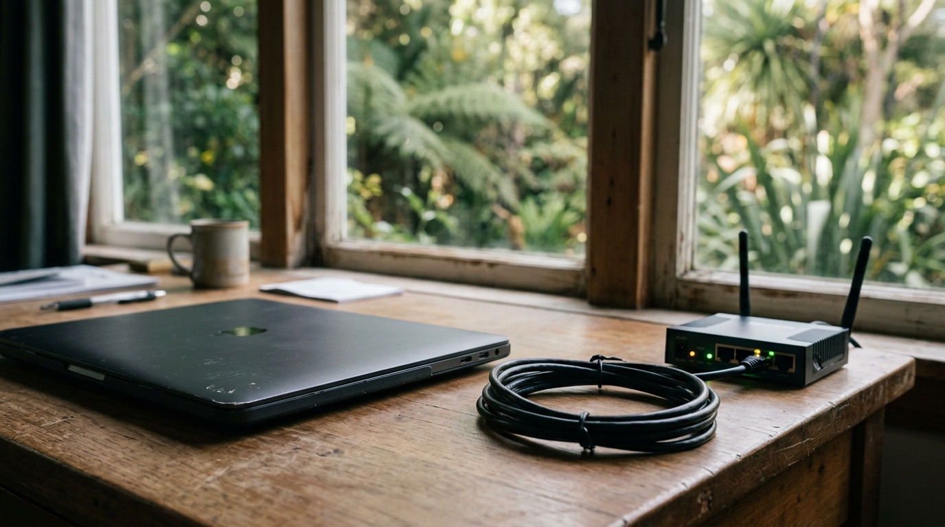 Desk detail with coiled ethernet cable and small router