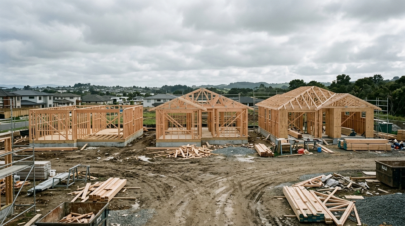 Three timber house frames at different stages on a development site