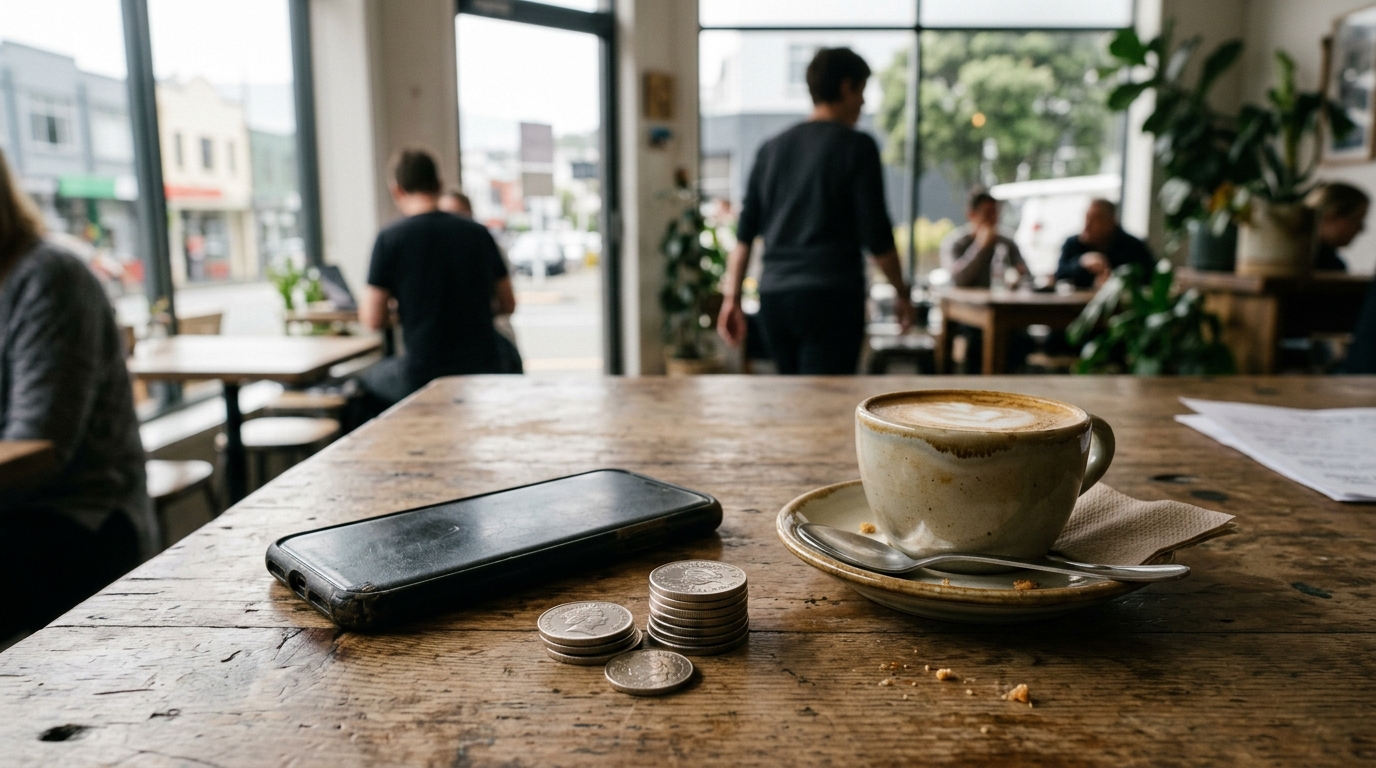 Stack of coins beside a face-down phone on a cafe table
