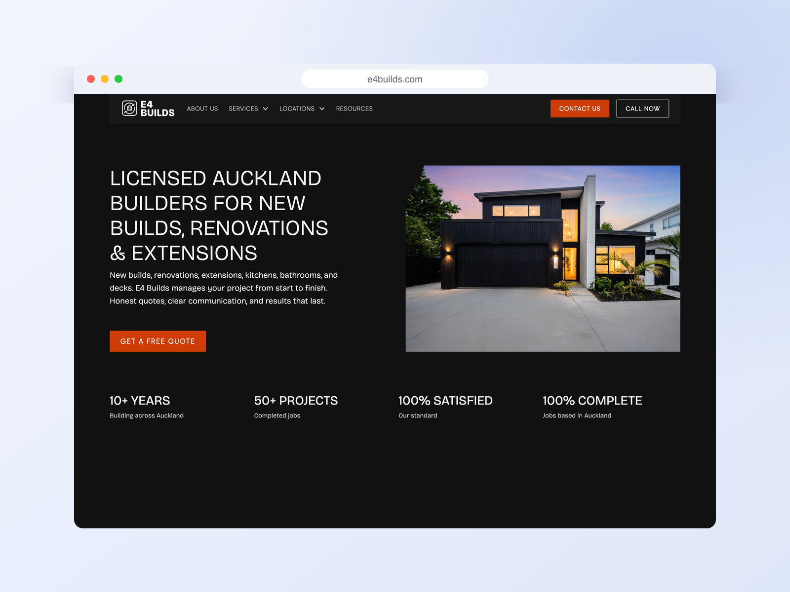 E4 Builds website on desktop, Auckland builders case study