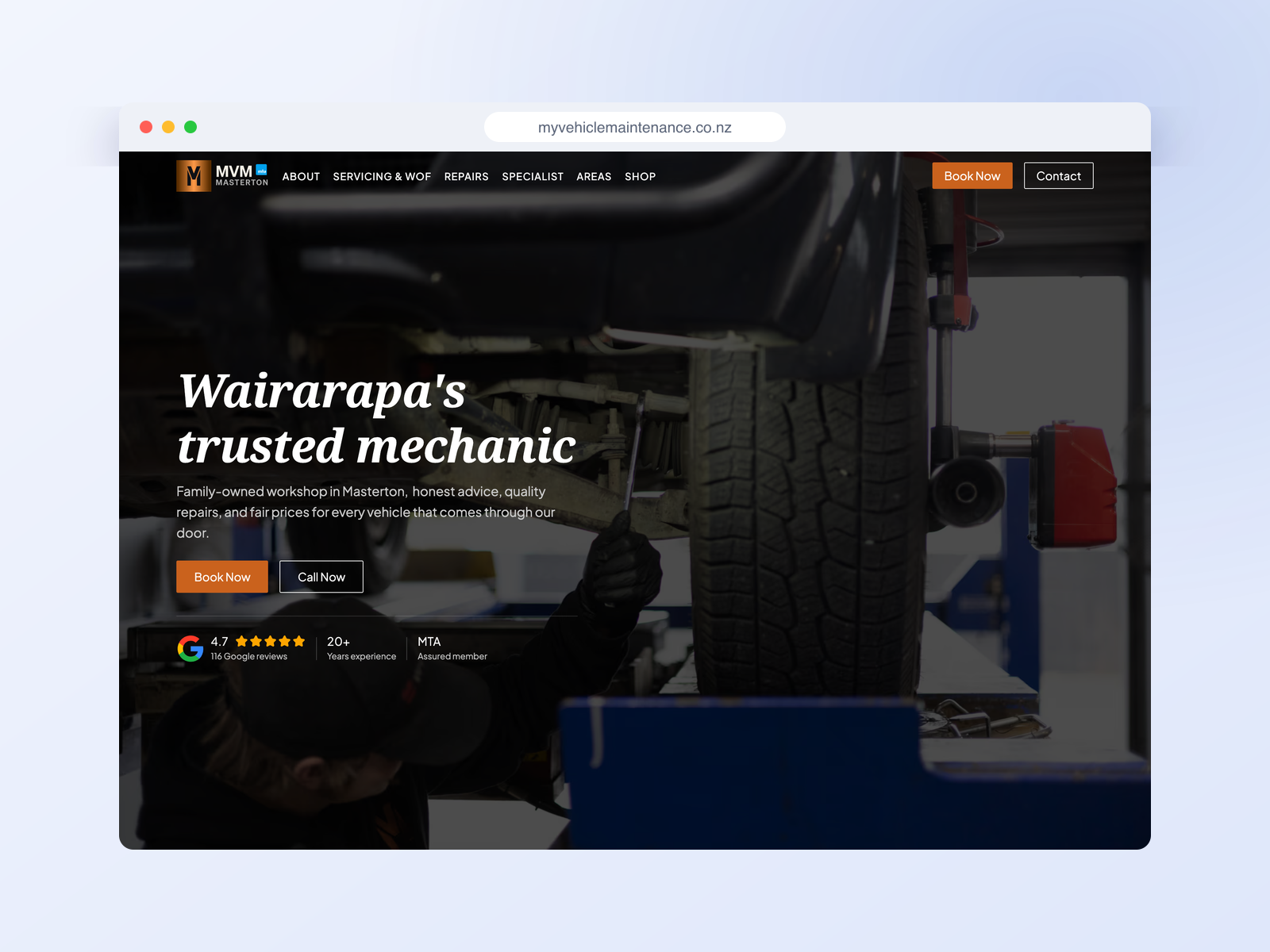 My Vehicle Maintenance website on desktop, Wairarapa mechanic case study