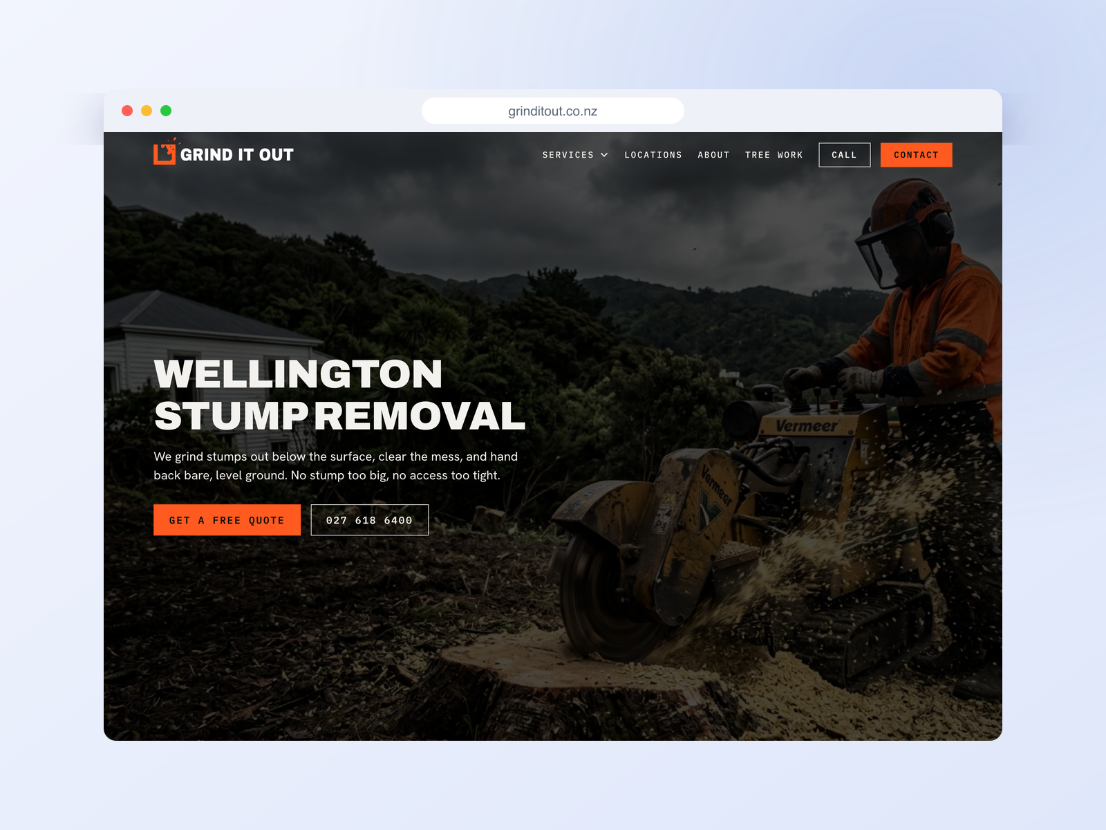 Grind It Out website on desktop, Wellington stump grinding case study