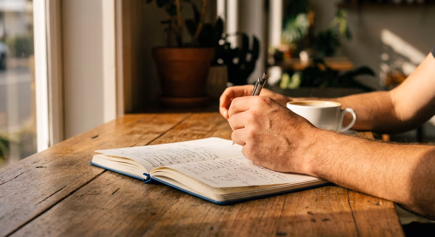 Person writing notes in an open notebook on a wooden table with a cup of coffee nearby in a cozy indoor setting.