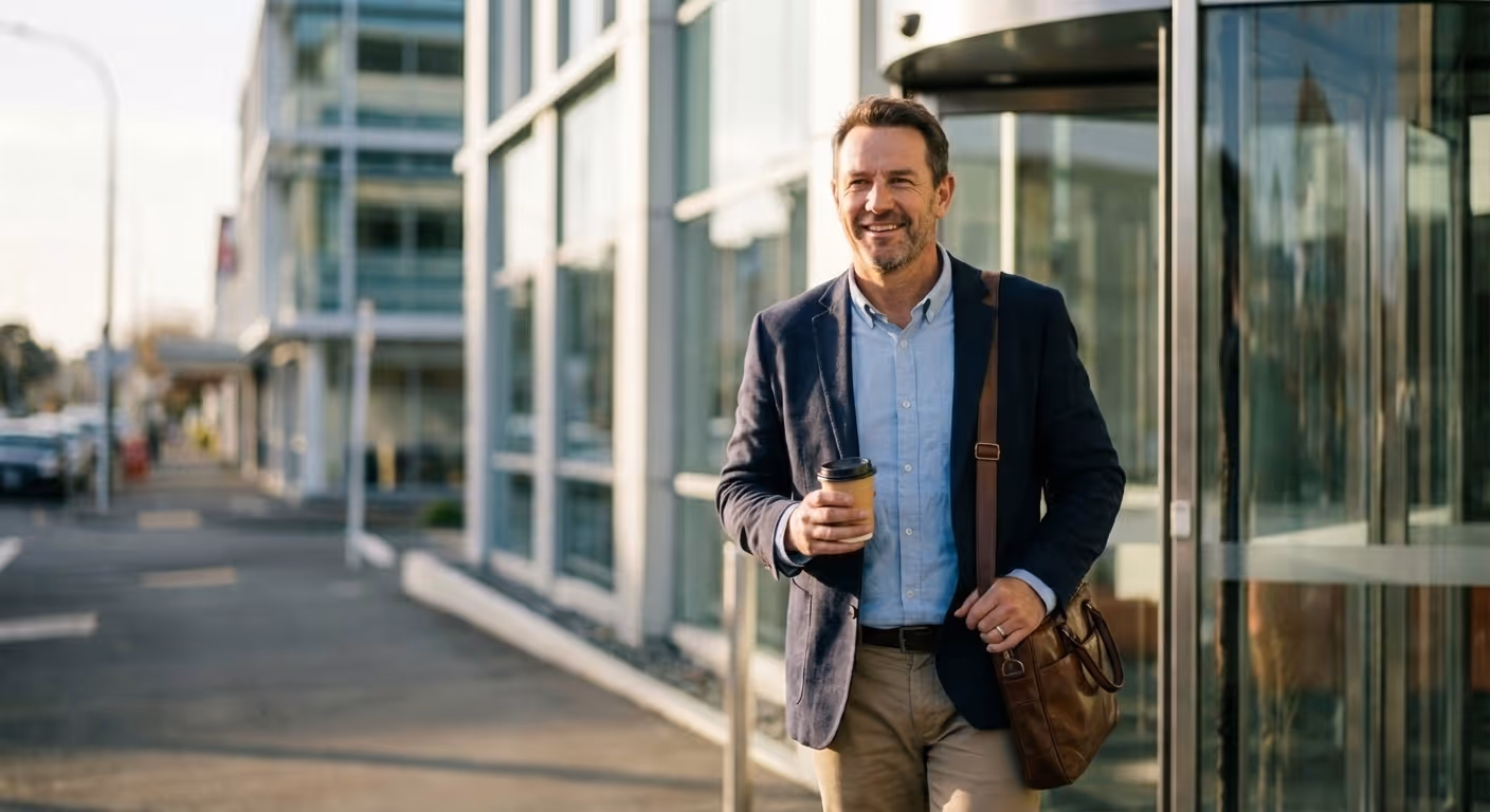 Smiling man in business casual attire holding a coffee cup and carrying a brown leather shoulder bag outside a modern glass building.