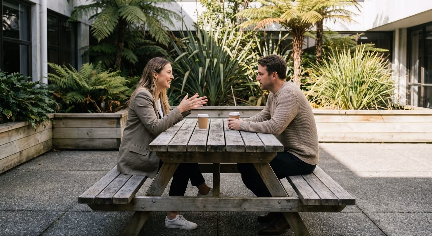 Smiling woman and man sitting at a wooden picnic table outdoors with coffee cups, surrounded by green plants.