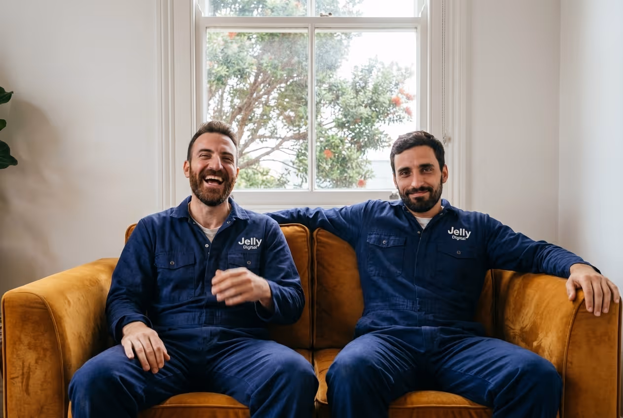 Two men wearing blue Jelly Digital coveralls sitting on a yellow couch with a window and green trees in the background.