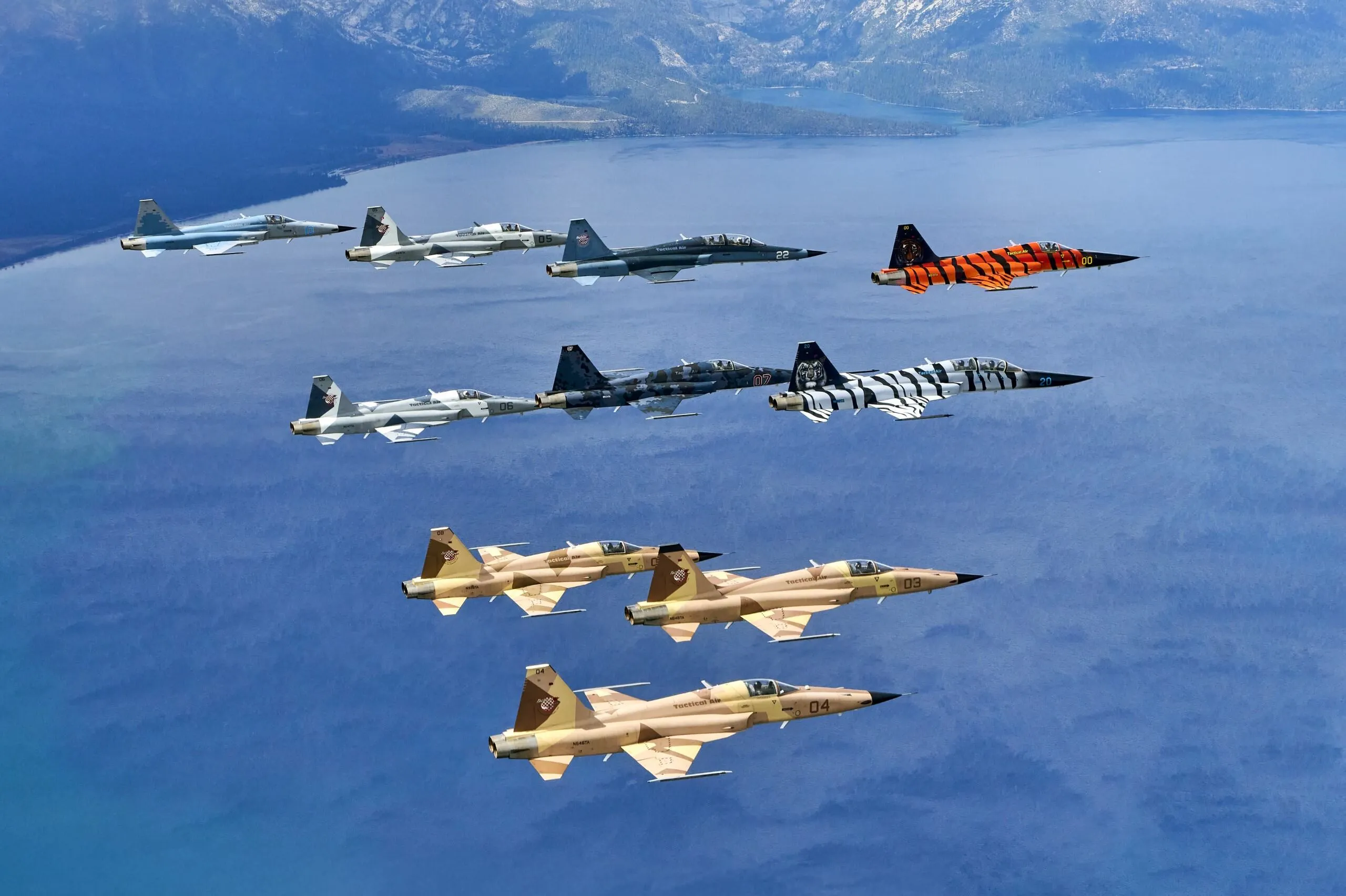 Formation of F5 aircraft in flight over water