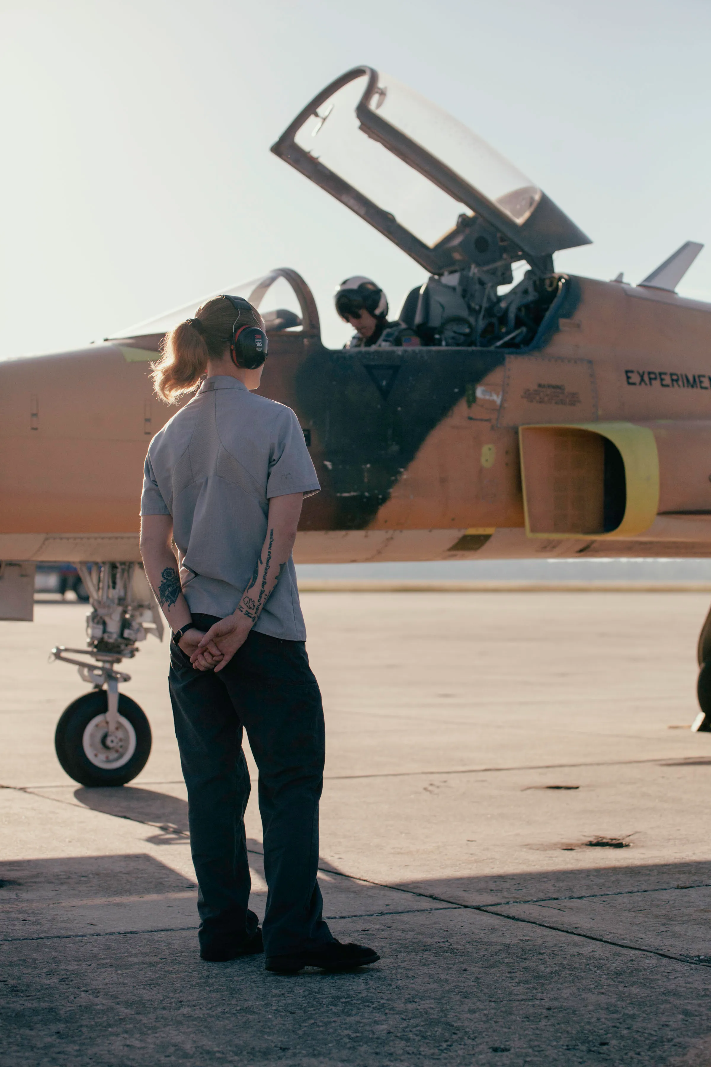 Female mechanic looking at pilot in F5 with cockpit open