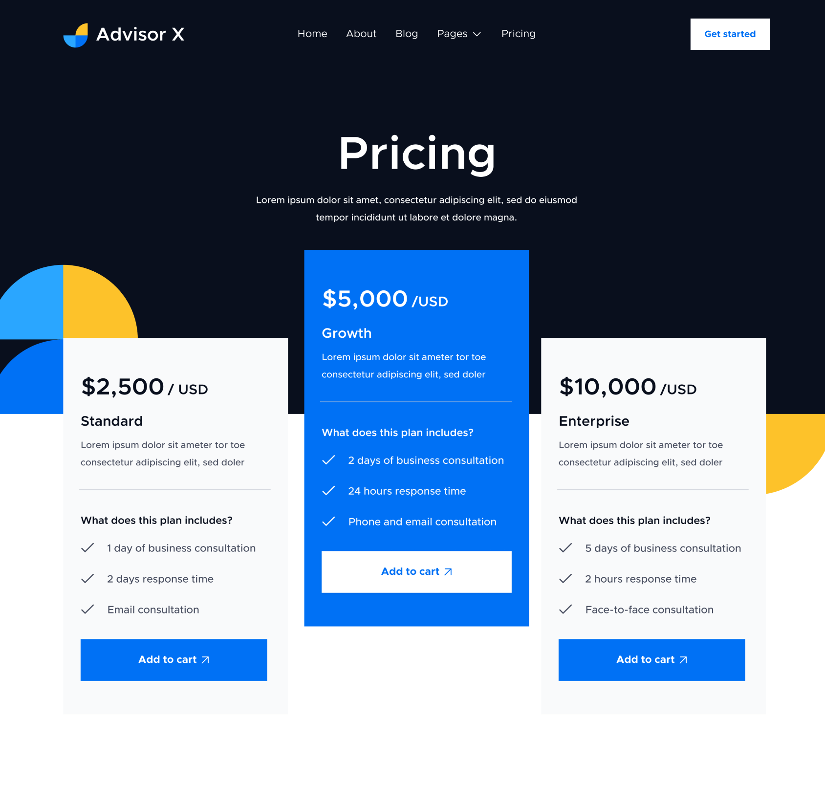 Advisor X - Packages Hero Page - Business Consultant Webflow Template