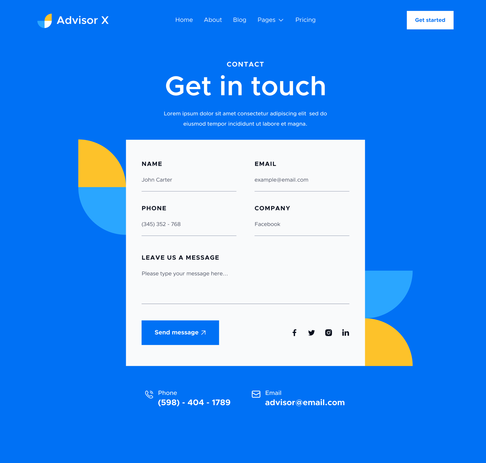 Advisor X - Contact V1 Hero Page - Business Consultant Webflow Template