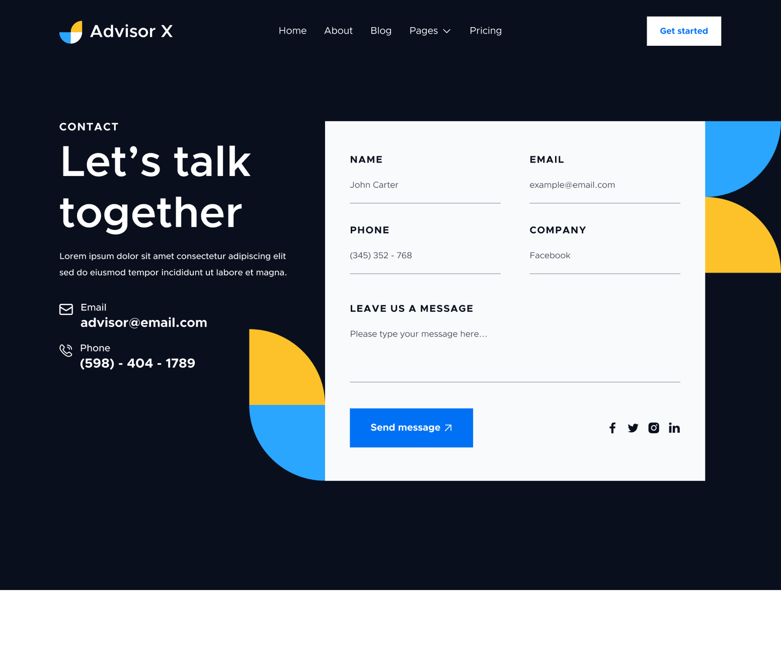 Advisor X - Contact V2 Main Page - Business Consultant Webflow Template